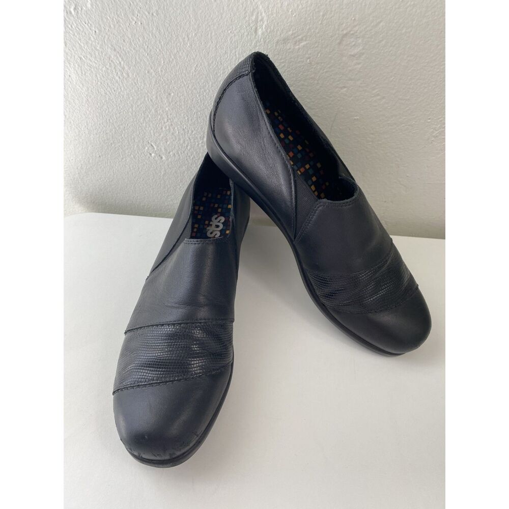 SAS Easier Black Leather Slip On Comfort Wedge Loafer Shoes Women's Size 9M
